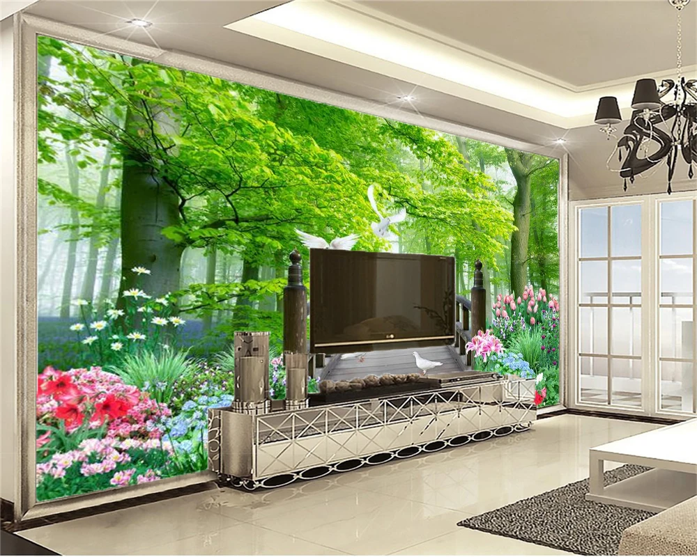 Custom Mural 3d Wallpaper Beautiful Flowers Forest White Pigeon Wood Arch Bridge Living Room Bedroom Decoration | Обустройство дома