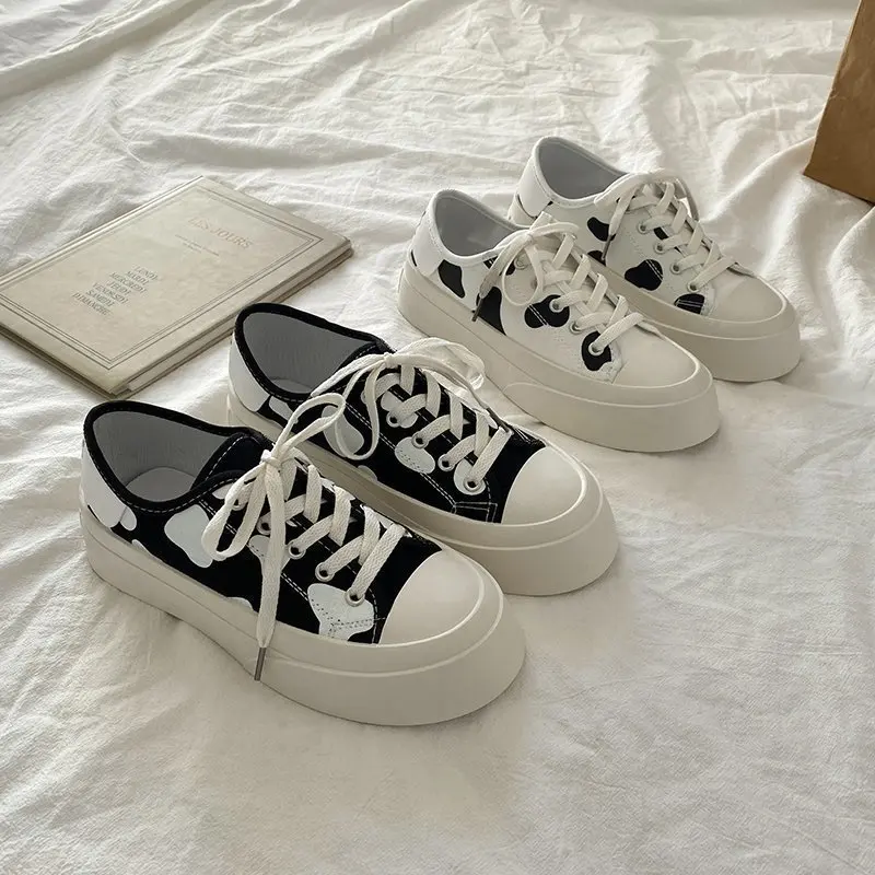 

HOUZHOU Lolita Shoes Women Platform Sneakers Cow Print Casual Flats Cute Kawaii White Retro Sport Tennis Female 2021