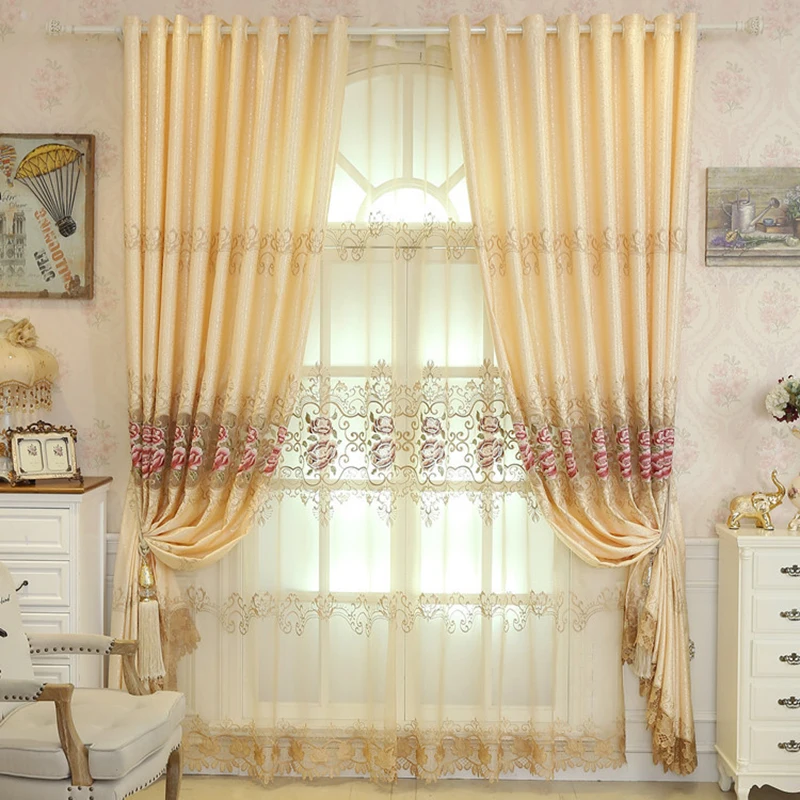 Занавеска с вышивкой пиона в американском стиле для гостиной прозрачная бежевая