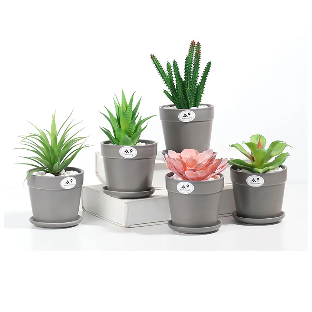 

Nordic Industrial Style Ceramic Flowerpot Succulent Planter Artificial Green Plants Cylindrical Shape Flower Pot With Tray