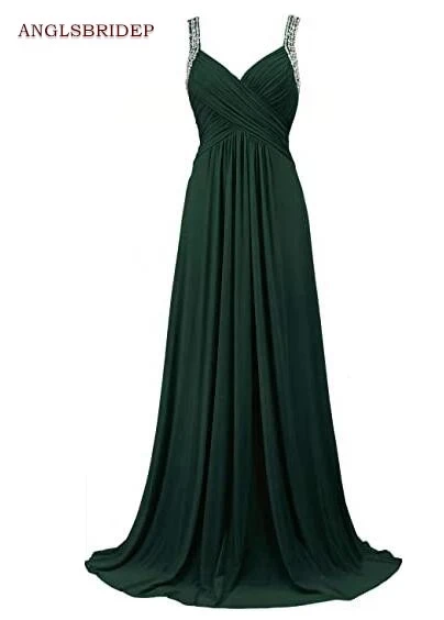 

Sexy Strap A-Line Evening Party Gowns Vestidos De Festa Formal Beading Floor-Length Chiffon Wedding Party Gowns Hot Sale