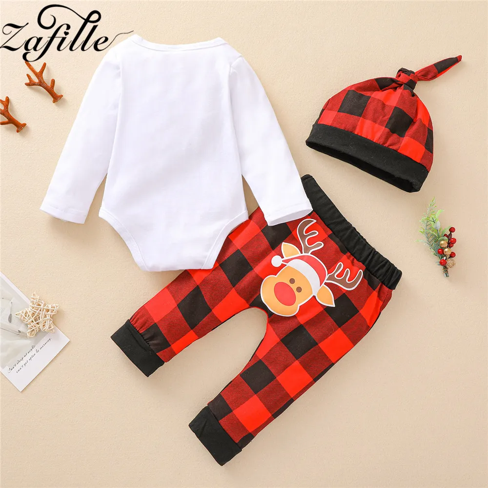 ZAFILLE My First Christmas Outfits For Baby Boy Clothes Set and Hat Xmas Deer Romper+Plaid Pants Costume |