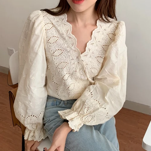 

Sexy V-neck Lace Hook Flower Hollow Out Shirt Chic Solid Color Puff Sleeve Women Blouse Single Breasted Femme Blusas