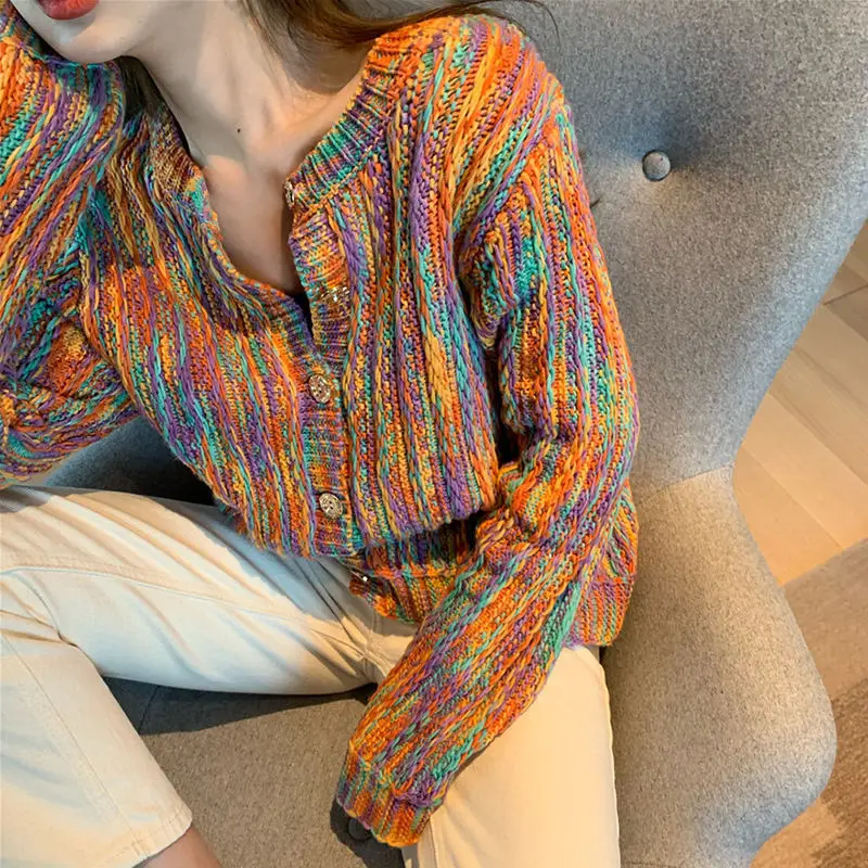 

Yu Yafeng Rainbow Cardigan Coat Women's Korean Spring and Autumn Literature and Art Lazy Wind Loose Short Sweater Top
