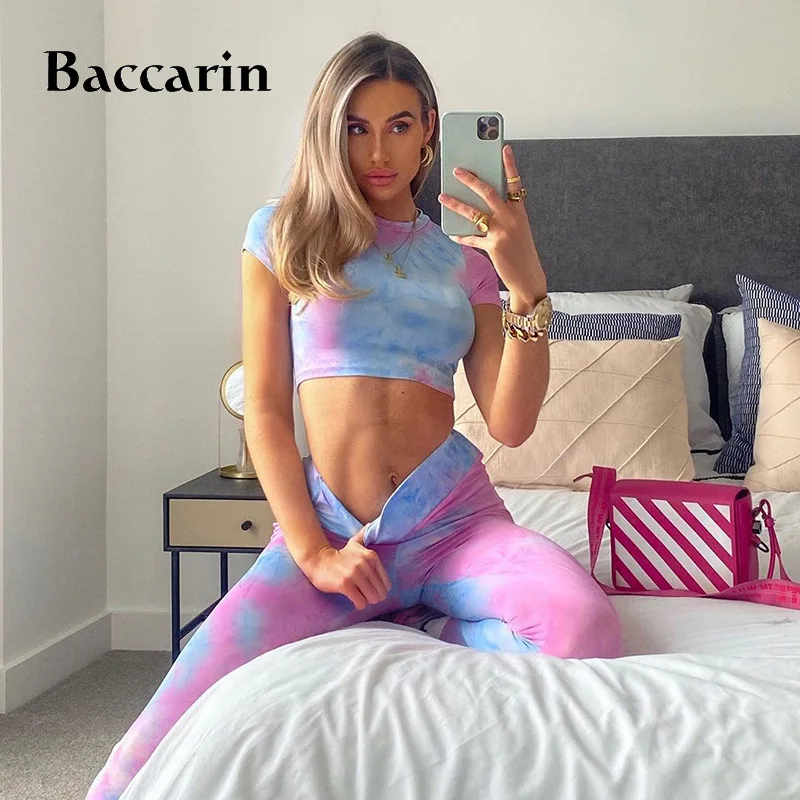 

Baccarin tie dye women two piece set crop top short sleeve leggings bodycon sexy fitness streetwear 2020 summer clothes outfit