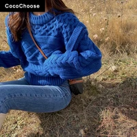 korean fashion knitted sweater winter 2021 designer preppy style chic twist coarse yarn cable needle loose warm pullovers blue