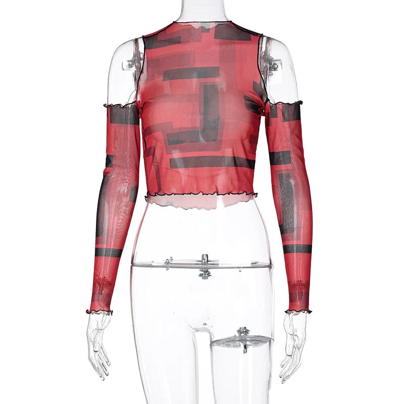 

Red Print Mesh Women Long Sleeve T Shirt Crop Top Off Shoulder See Through Sheer Bodycon Sexy Streetwear Club 2021 Summer