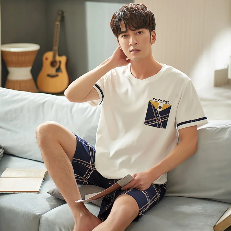 

Men's pajamas summer new cotton short sleeve thin casual young and middle-aged men's simple loose large size home suit