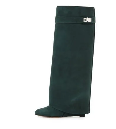 Женские сапоги до колена на танкетке с замком акулы; женские мотоциклетные сапоги без застежки с отворотами; женские сапоги из натуральной кожи, визуально увеличивающие рост - Цвет: picture 15