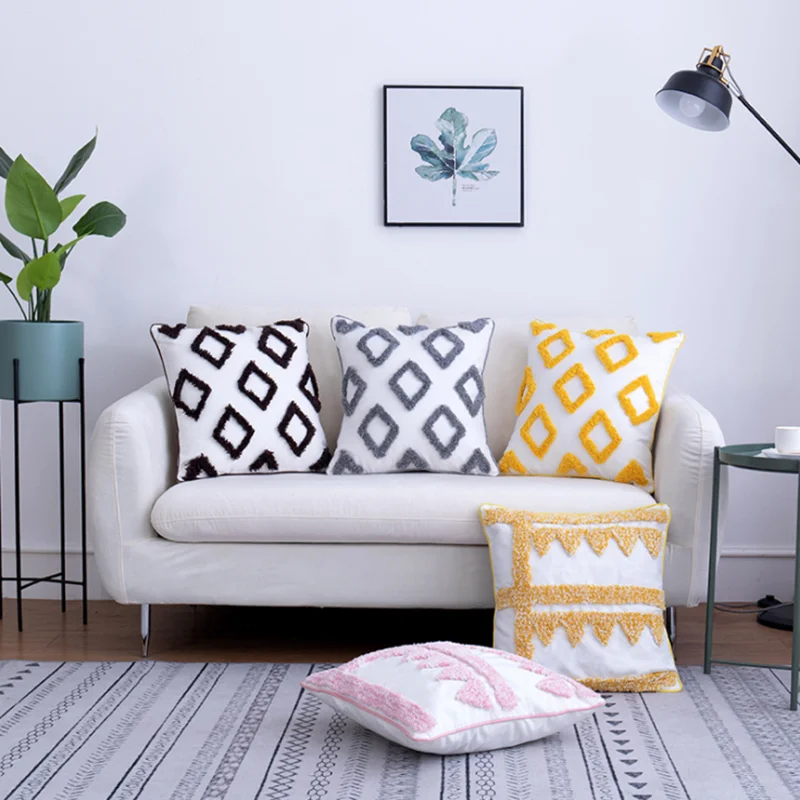 

Hand-Tufted Decorative Pillows Nordic Style Creative Geometric Yellow Pillowcase Living Room Sofa Cotton Linen Cushion Cover