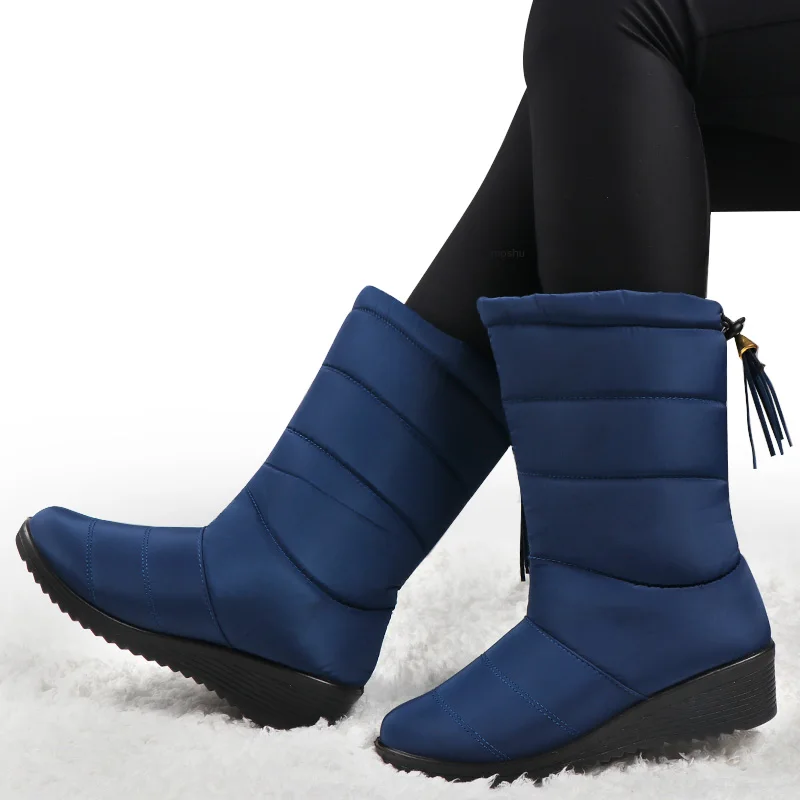 Blue Зимние женские сапоги; сапоги до середины икры; высокие сапоги; Bota; водонепроницаемые женские зимние сапоги; женская плюшевая стелька; botas mujer invierno - Цвет: Blue