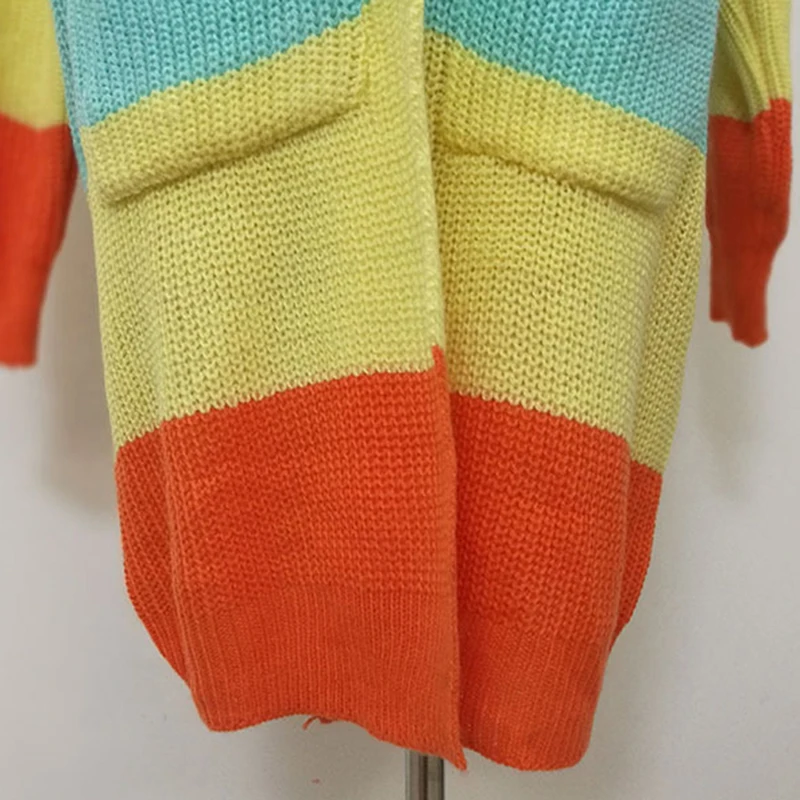 

Autumn Sweater Women Long Sleeve Patchwork Knitted Open Front Rainbow Striped Cardigan Women Coat Sueter Mujer Invierno 2020