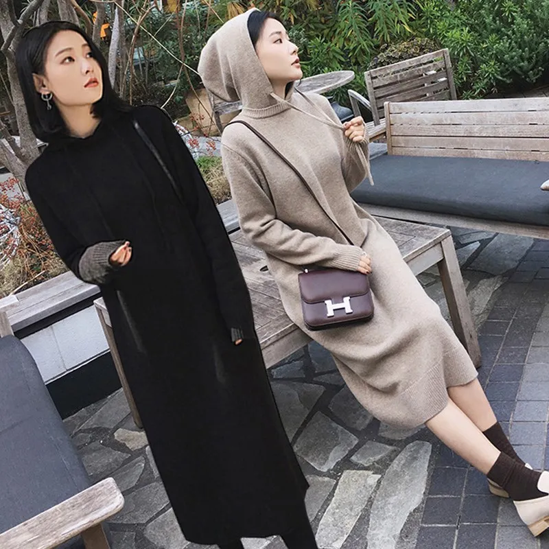 Осенне зимний длинный свитер с капюшоном средней длины Повседневные свободные