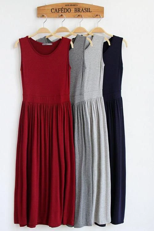 

2019 Ladies Summer Modal Slim Dress Large Size Waist Long Dress Slim Vest Pleated Dress