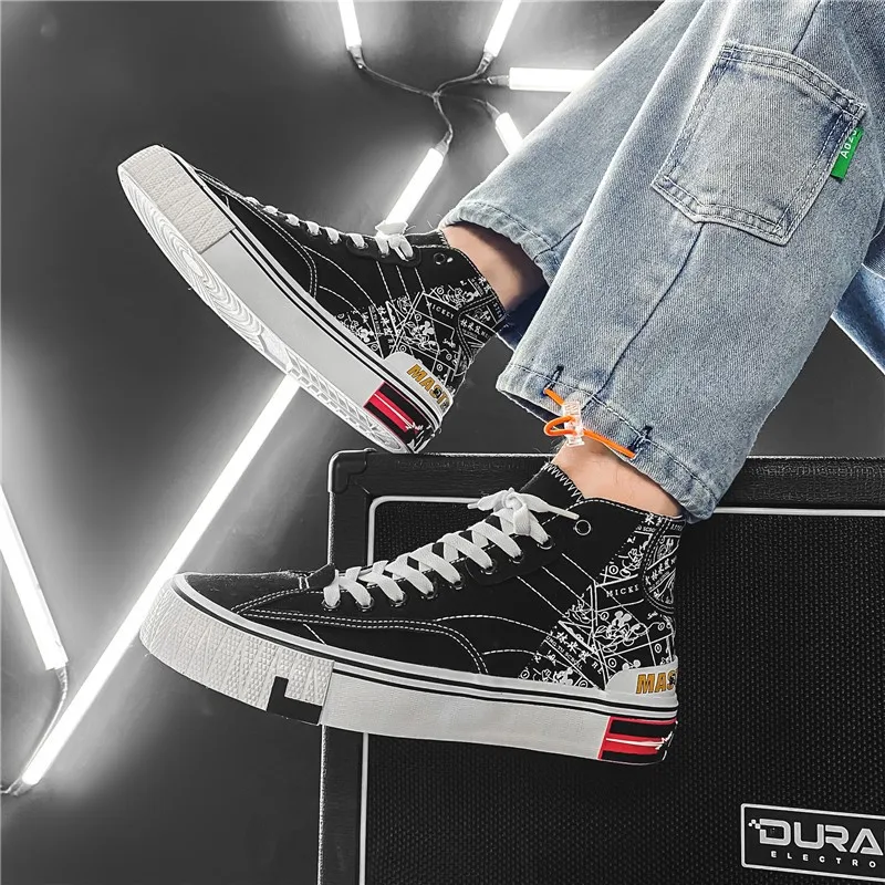 

Мужские кроссовки на плоской подошве, темно-синие повседневные кроссовки с принтом граффити, Вулканизированная подошва, теннисная обувь дл...