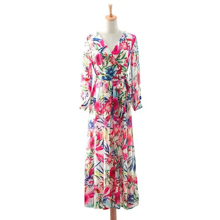 

2020 New Women's Dresses Lantern Sleeve V-neck Green Leaf Printed Long Dress Long Sleeves Floor Length Summer Autumn Skirt