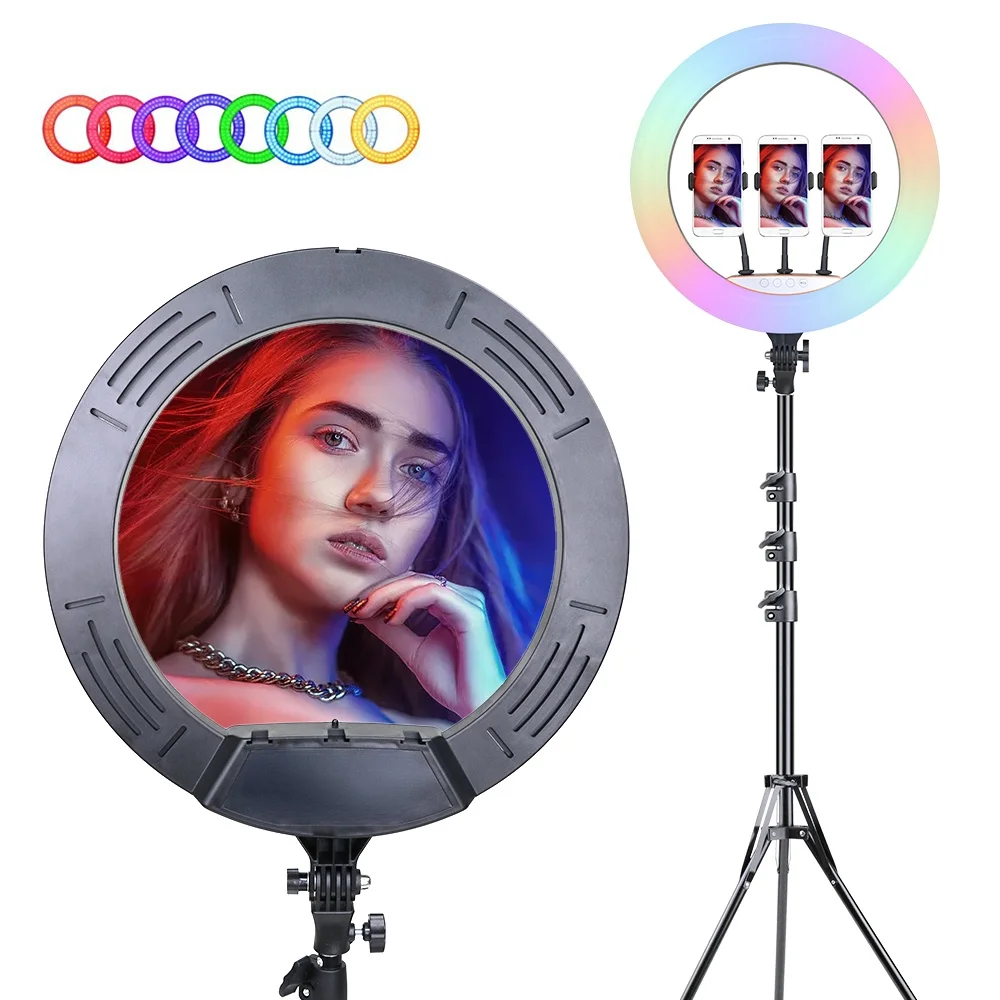 

RGB Colorful Ring Light 18 inch 45 cm With Tripod Stand Phone Clip Holder Selfie Lamp Video Live Photography Lighting Ringlights