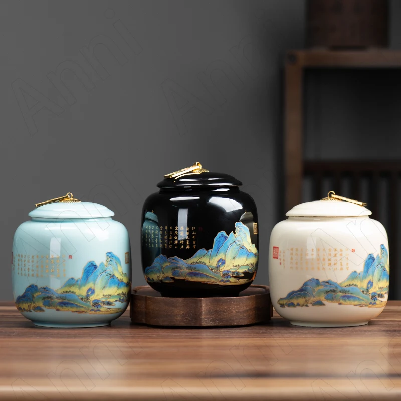 

Creativity Painted Ceramic Tea Tins Chinese Modern Outline In Gold Landscape Painting Tea Leaves Storage Jar with Lid Home Decor