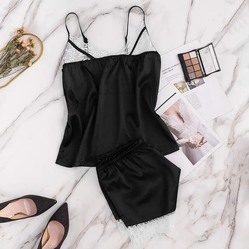Женское сексуальное нижнее белье атласная пижама на бретелях шорты кружевное