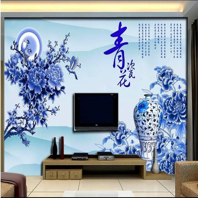 

Dropship Custom 3d Chinese Style Hotel Living Room Sofa Large Wall Painting Wallpaper Blue and White Porcelain Wallpaper Mural