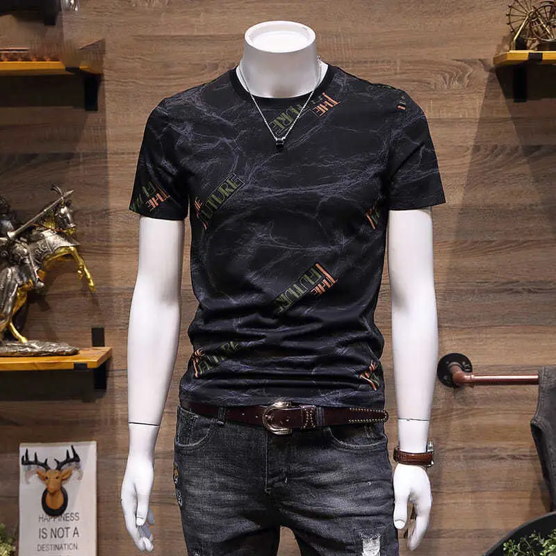

Summer men's short sleeve 2021 new trend slim personality versatile print casual T-shirt