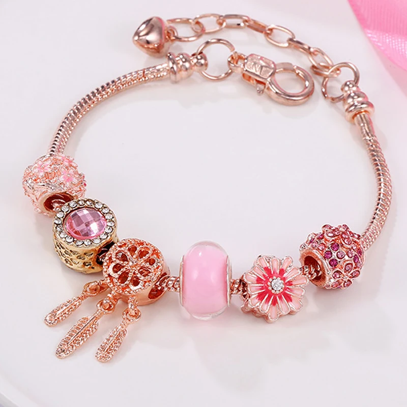

New Heart Pendant Rose Gold Color Fine Bracelets Fashion Beads Copper Bracelet For Women Luxury Women's Jewelry Party Gift