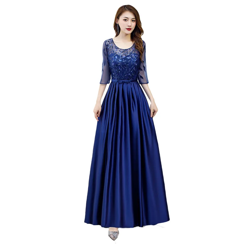 

Navy Blue Sequin Banquet Dresses R278 O-Neck Robe De Soiree 2020 Half Sleeve A-Line Formal Gowns Embroidery Evening Dress