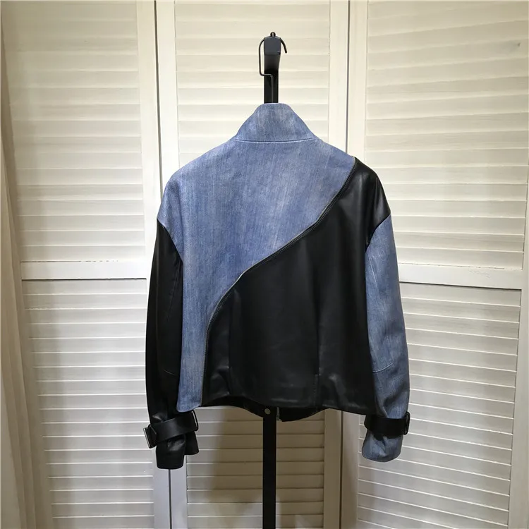 Europe Style Women Autumn Denim color patchwork leather jackets High quality pockets Genuine leather women coat C504