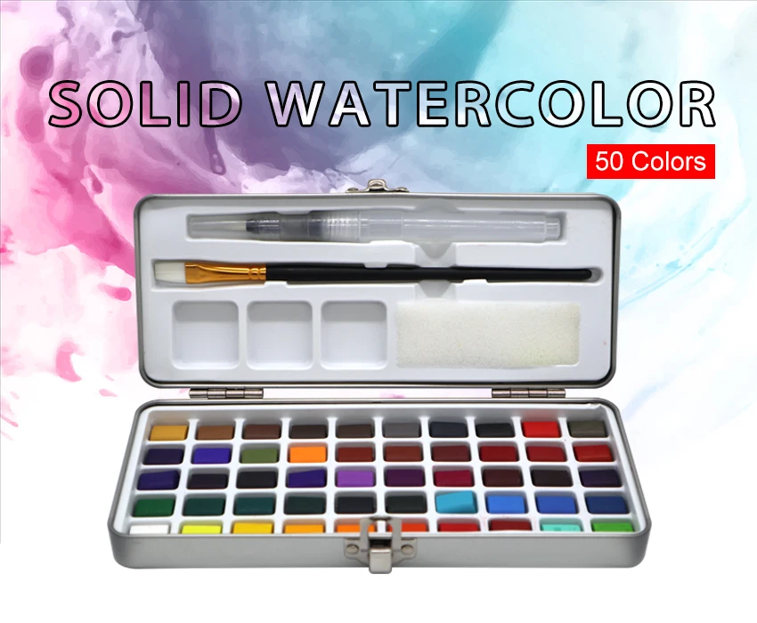 SeamiArt 50Color Solid Watercolor Paint Set Portable Metal Box Watercolor Pigment for Beginner Drawing Watercolor Paper Supplies