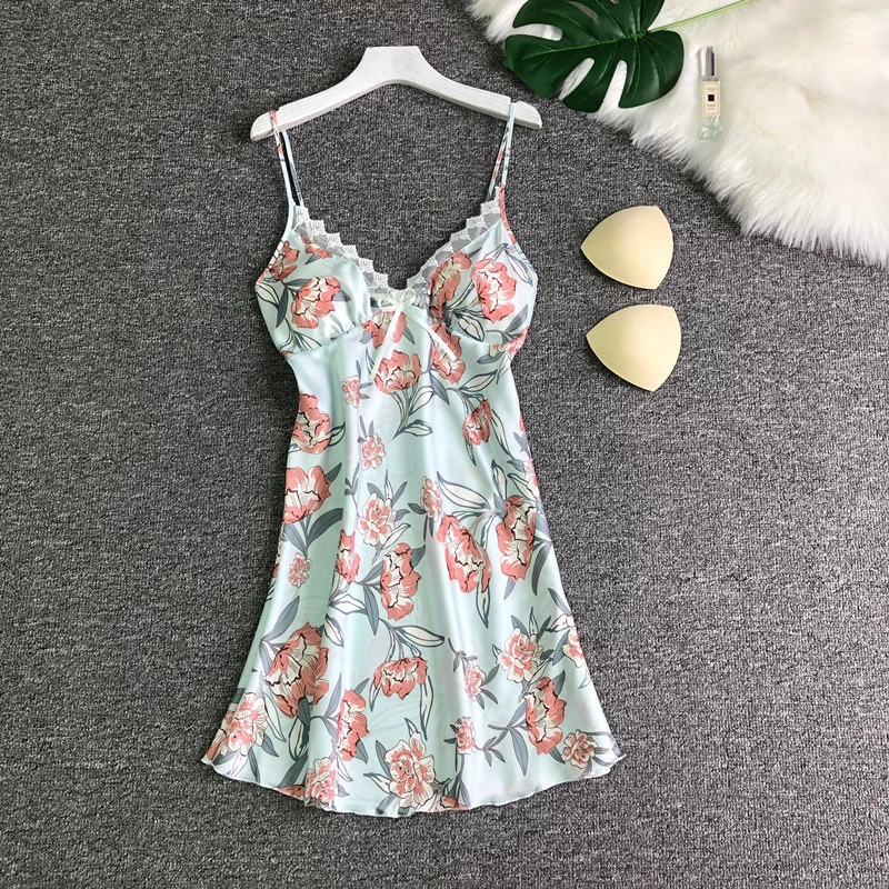 

Women Nightgowns Sleepshirts Deep V sexy ice silk halter women with chest pad lace trim printed suspender nightdress SJ019