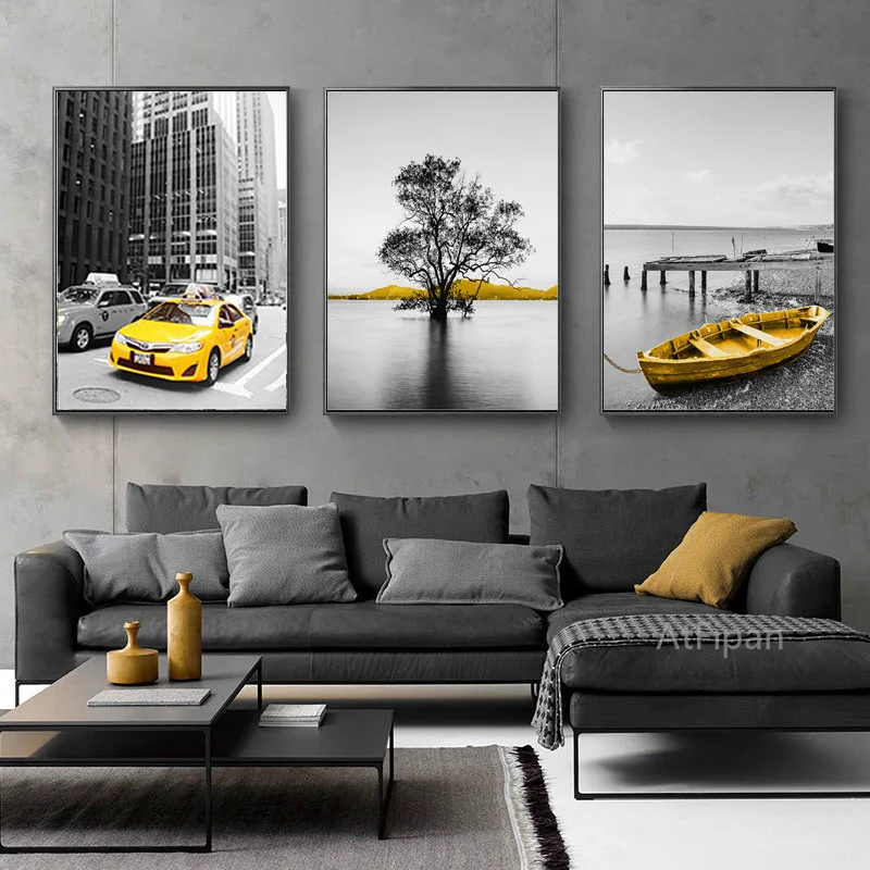 Винтажный стиль черно-белый здание Нью-Йорка плакат желтое такси Печать на