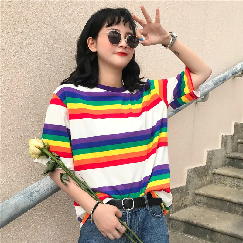 Женская свободная футболка в разноцветную полоску Повседневная с длинным