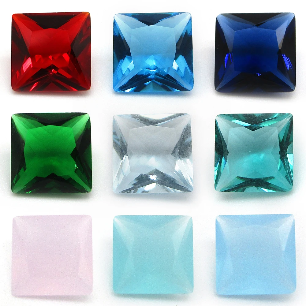 Free Shipping 50pcs/lot 3x3~12x12mm Various Color Loose Glass Stone Square Cut Red Green Glass Synthetic GemStone For Jewelry