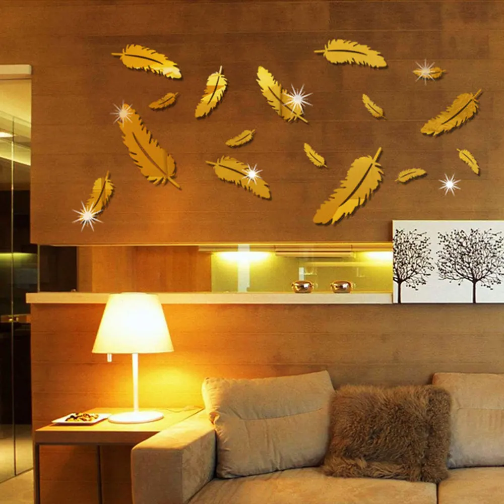 8 шт. 3D зеркало перо дизайн Настенная Наклейка золотой цвет творческий спальня