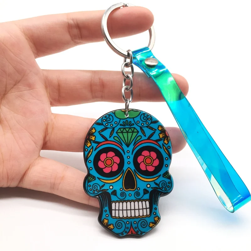 Брелоки Calavera мексиканские причудливые брелки для ключей с черепом пользовательский лазер Dazzle Rope Sugar Skull брелок сумка Шарм сладкий подарок - Цвет: F