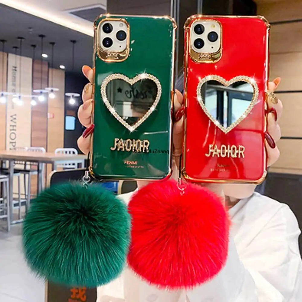 

Luxury Plating Love Heart Mirror Hairball Phone Case for Vivo S12 S9 S10 S7 X50 X60 X70 X27 X30 Y17 Glitter Soft Silicone Cover