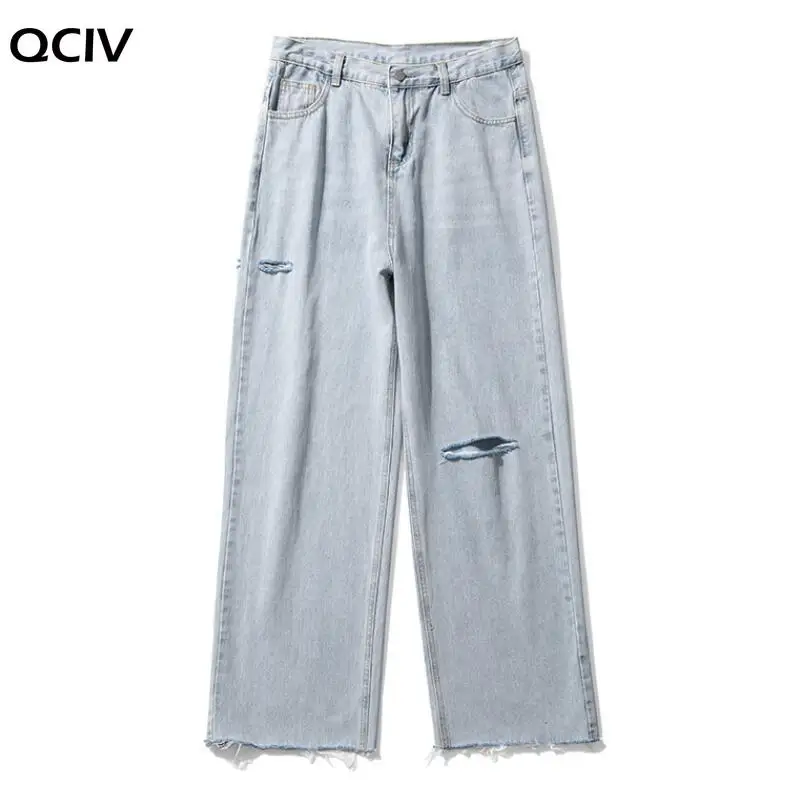 Summer Wide-leg Jeans Men Fashion Light Blue Casual Ripped Jeans Men Streetwear Loose Hip-hop Hole Straight Denim Trousers Men