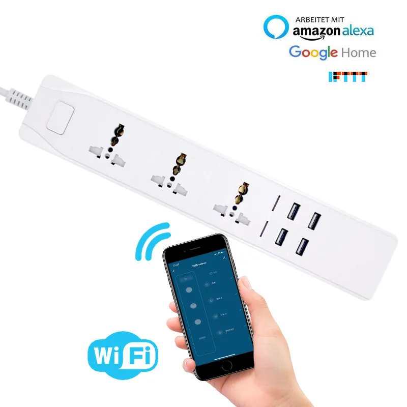 Smart power WIFI strip Universal works with alexa googlehome multi plug four takes 3 AC Socket 4 USB voice contro UK/EU/US/AU