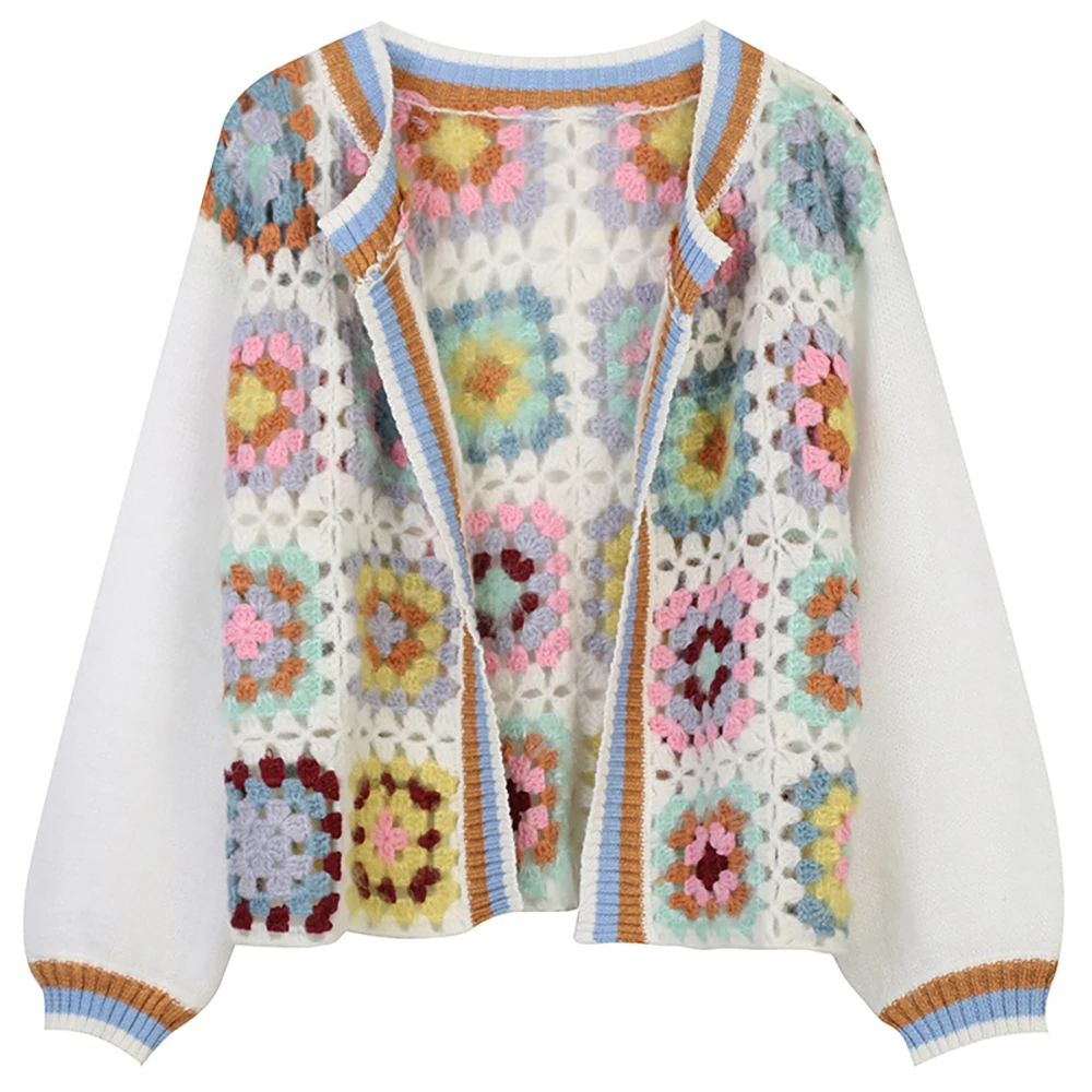 

European And American 2021 Autumn New Women's Long Sleeve Contrast Jacquard Embroidery Hollow Loose Knitted Cardigan Coat