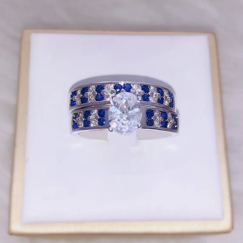 Женское кольцо с овальным голубым и белым камнем в европейском американском