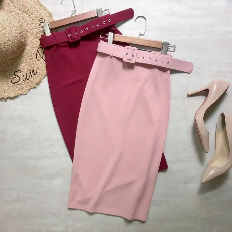 

2021 Summer Women Pencil Skirt Elastic Chiffon Bodycon Belt Solid Color Knee Length Office Laday Fashion Midi Skirts High Waist