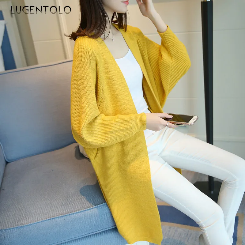 

Кардиганы Lugentolo, женский длинный свитер, вязаный Новый однотонный свободный женский простой модный свитер в Корейском стиле с карманами