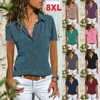 women short sleeve shirt 2021 summer elegant lapel tops office ladies casual solid simple shirts