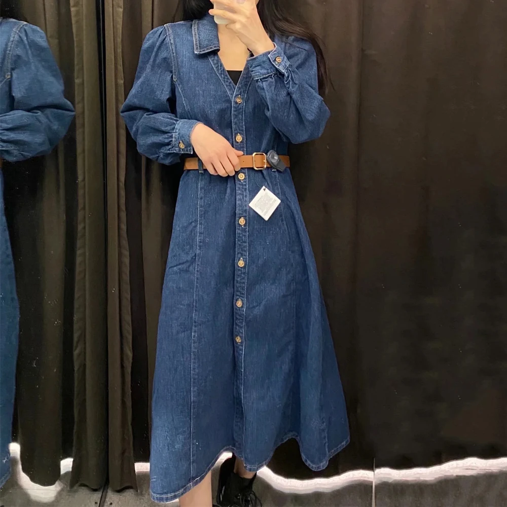 

Za robe Women 2021 Chic Fashion Single-breasted Denim Dress Female Long Sleeve Business Robe Chic Sweet vestidos Pleated Dresses