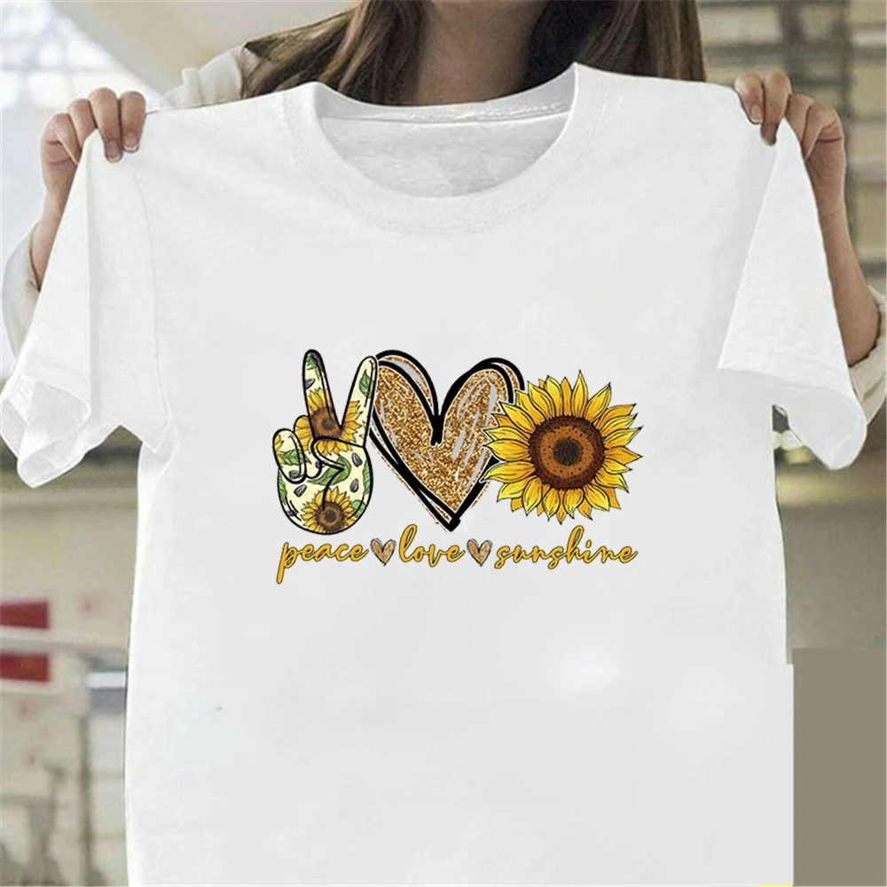 

Peace Love Sunshine женская футболка с короткими рукавами из мягкого полиэстера футболки с О-образным вырезом в форме сердца с изображением подсолн...