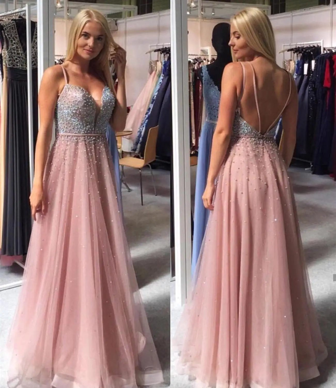 

Hot Sexy Prom Dress With Pearls Backless Sleeveless Floor Length V-Neck Pink Women Party Dresses vestido de festa formatura