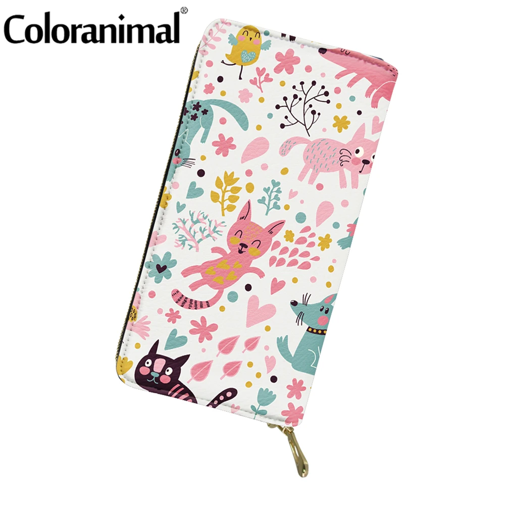 

Coloranimal Cute Cat With Flower Printed Women Wallet PU Leather Credit Card for Girls Casual Money Pouch With Zippers 2021 Hot