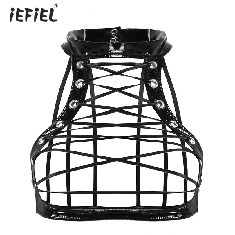 

Sexy Womens Wet Look Patent Leather Lingerie Tanks Top Mock Neck Sleeveless Hollow Out Crisscross Lace Up Front Harness Bra Tops