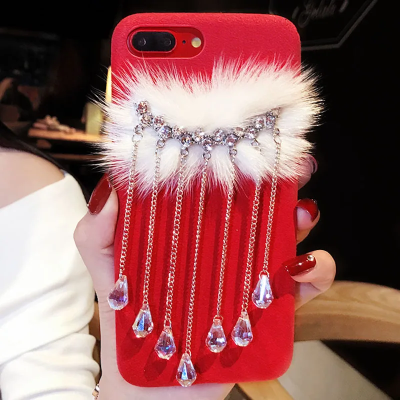 Для iPhone 11 Pro MAX 6 7 8 plus X XS XR роскошный со стразами блестящий кулон из лисьего меха