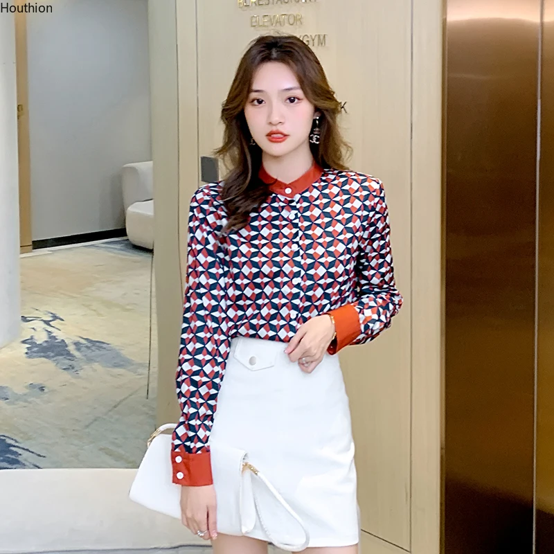 

Autumn New Women's Blouse O Collar Long Sleeve Shirt Stitching Printing Top Chiffon Casual Fashion Loose Clothing Houthion